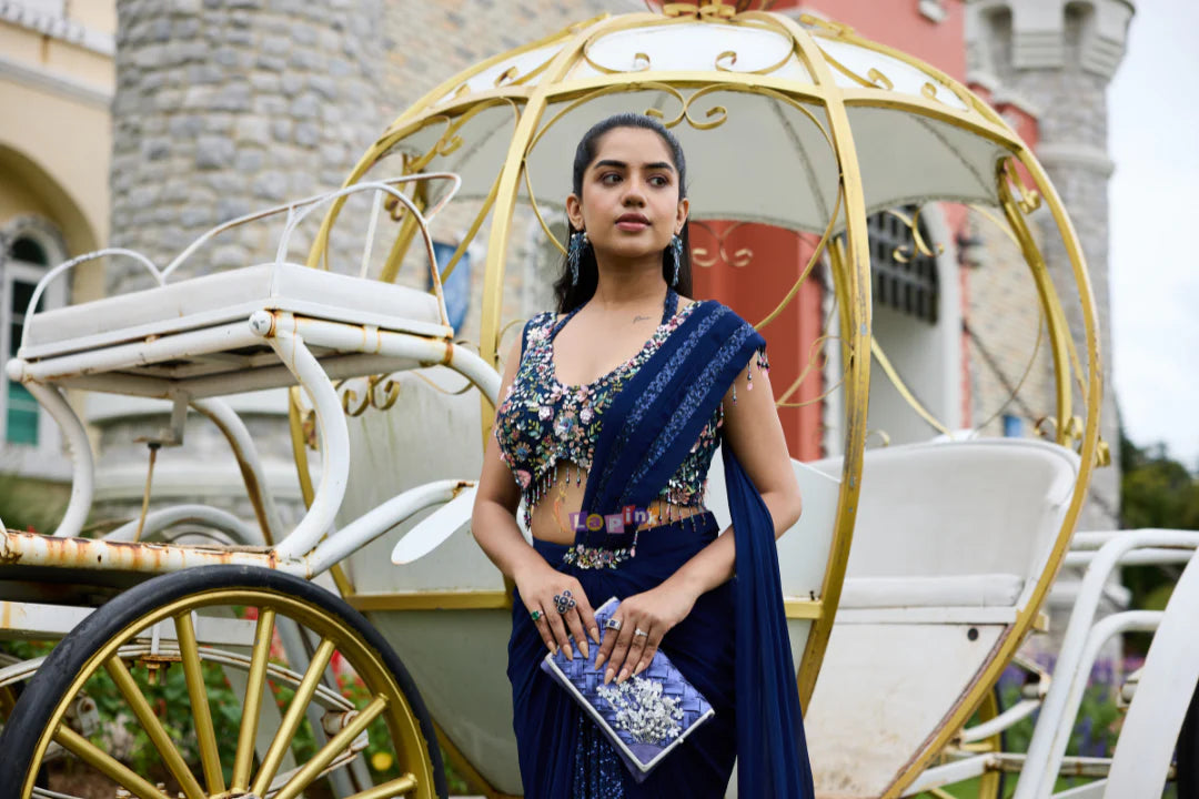 Navy Blue Designer Pre-Draped Saree