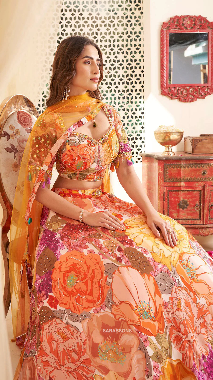 Orange Printed Sunflower Lehenga