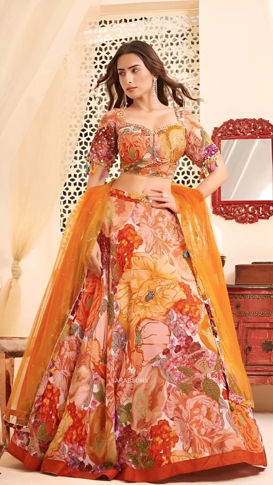 Orange Printed Sunflower Lehenga