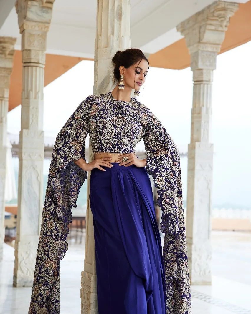 Royal Blue Embroidered Western Top & Skirt Set