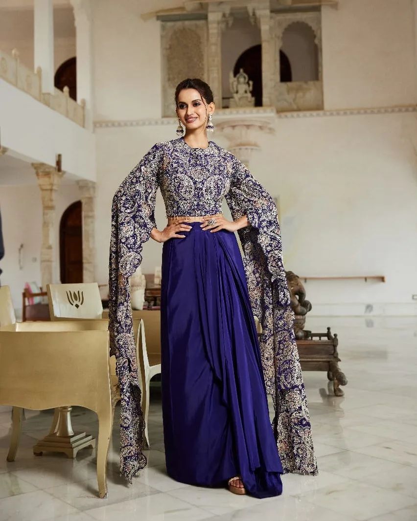 Royal Blue Embroidered Western Top & Skirt Set