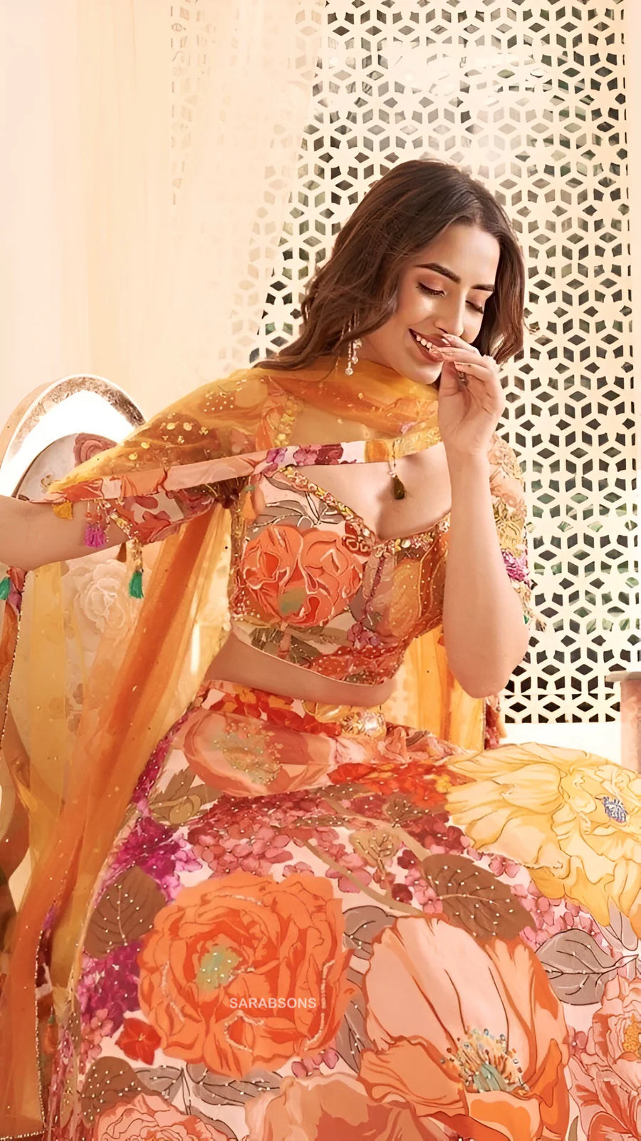 Orange Printed Sunflower Lehenga