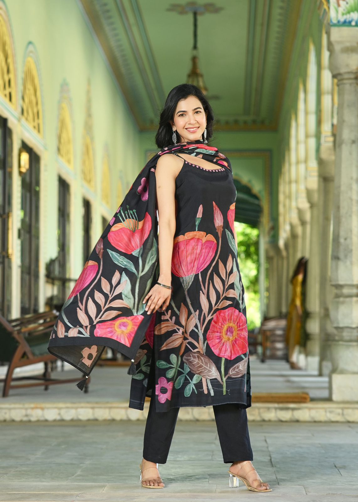 Black Floral Sleeveless Modern Muslin Set