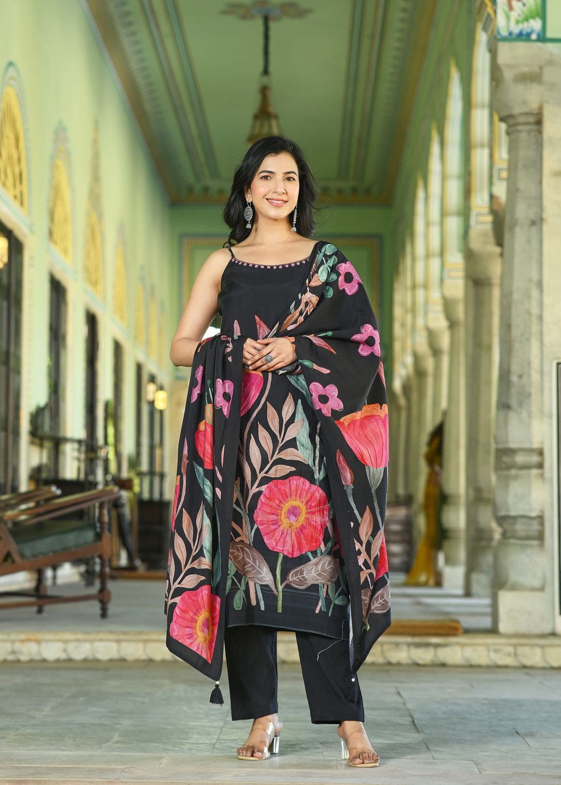 Black Floral Sleeveless Modern Muslin Set