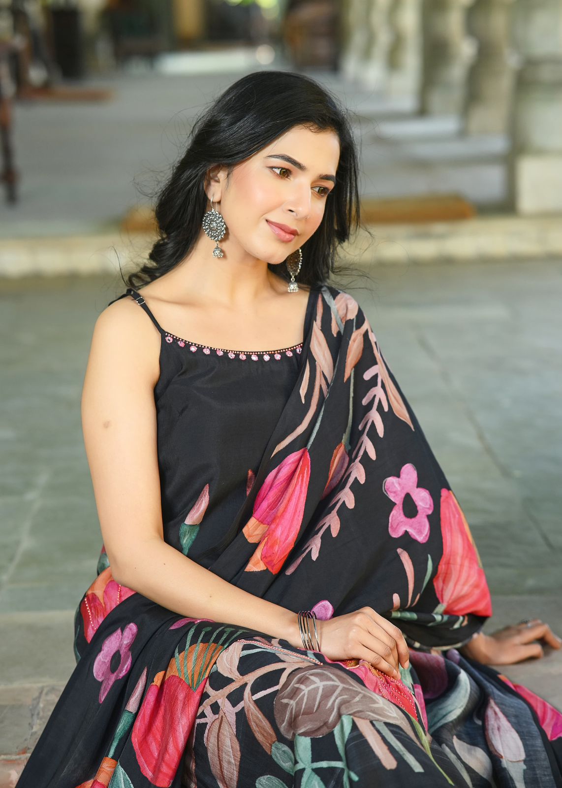 Black Floral Sleeveless Modern Muslin Set