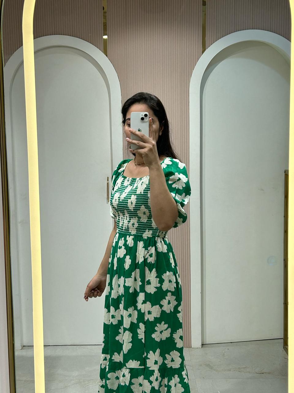 Green Floral Smocked Maxi Dress