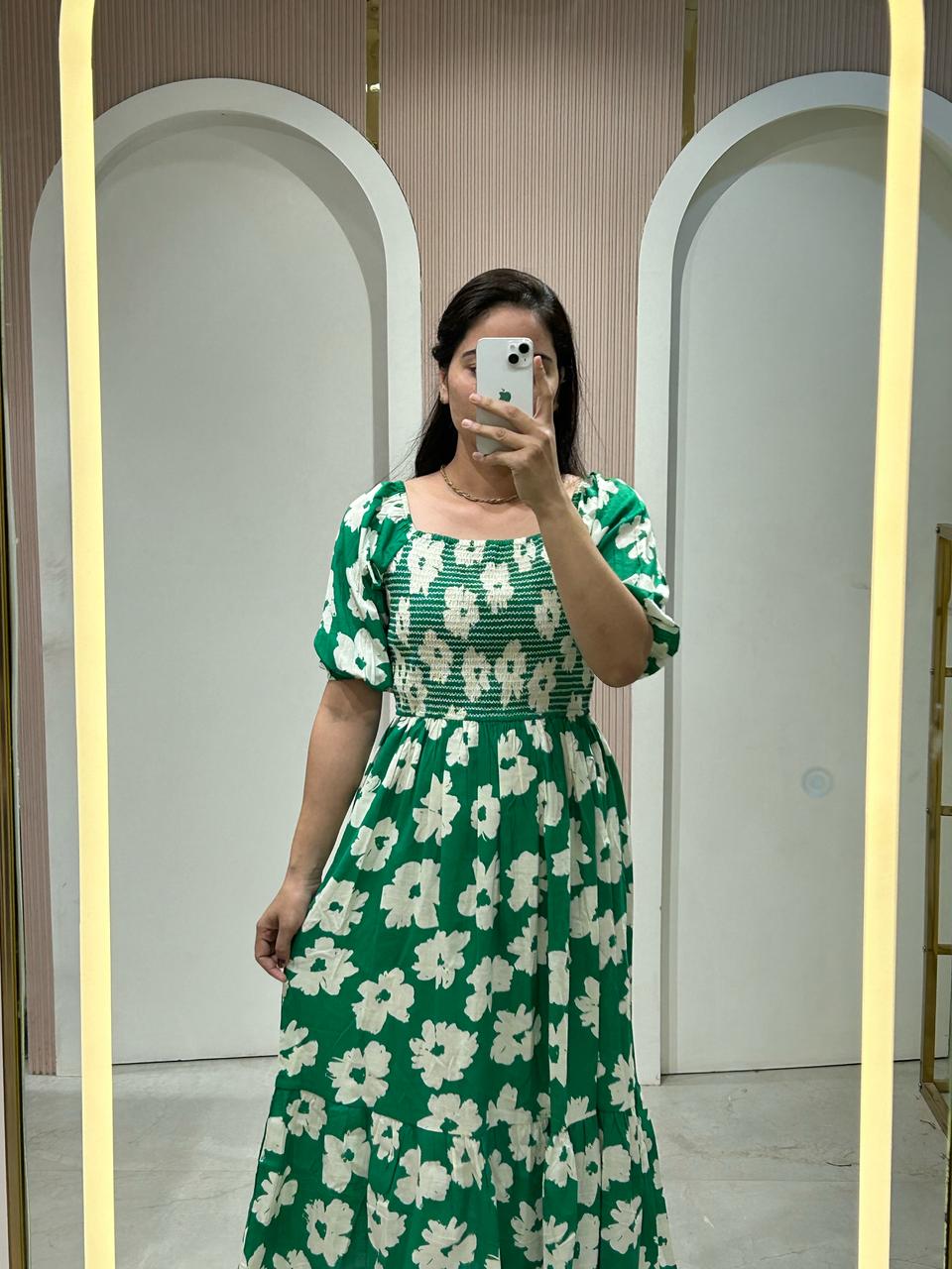 Green Floral Smocked Maxi Dress
