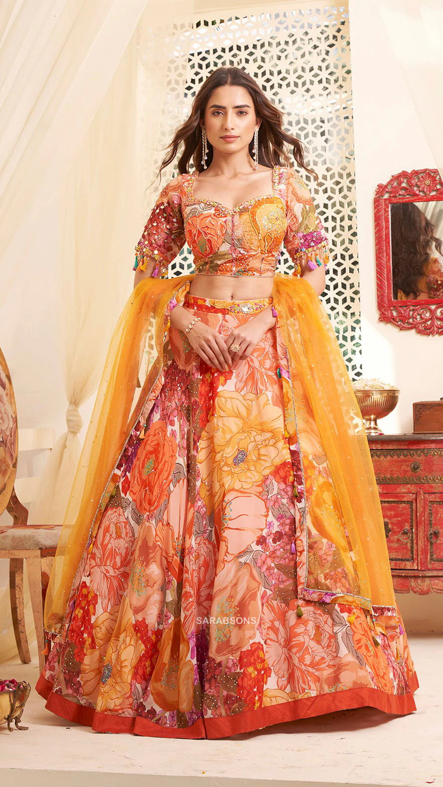 Orange Printed Sunflower Lehenga