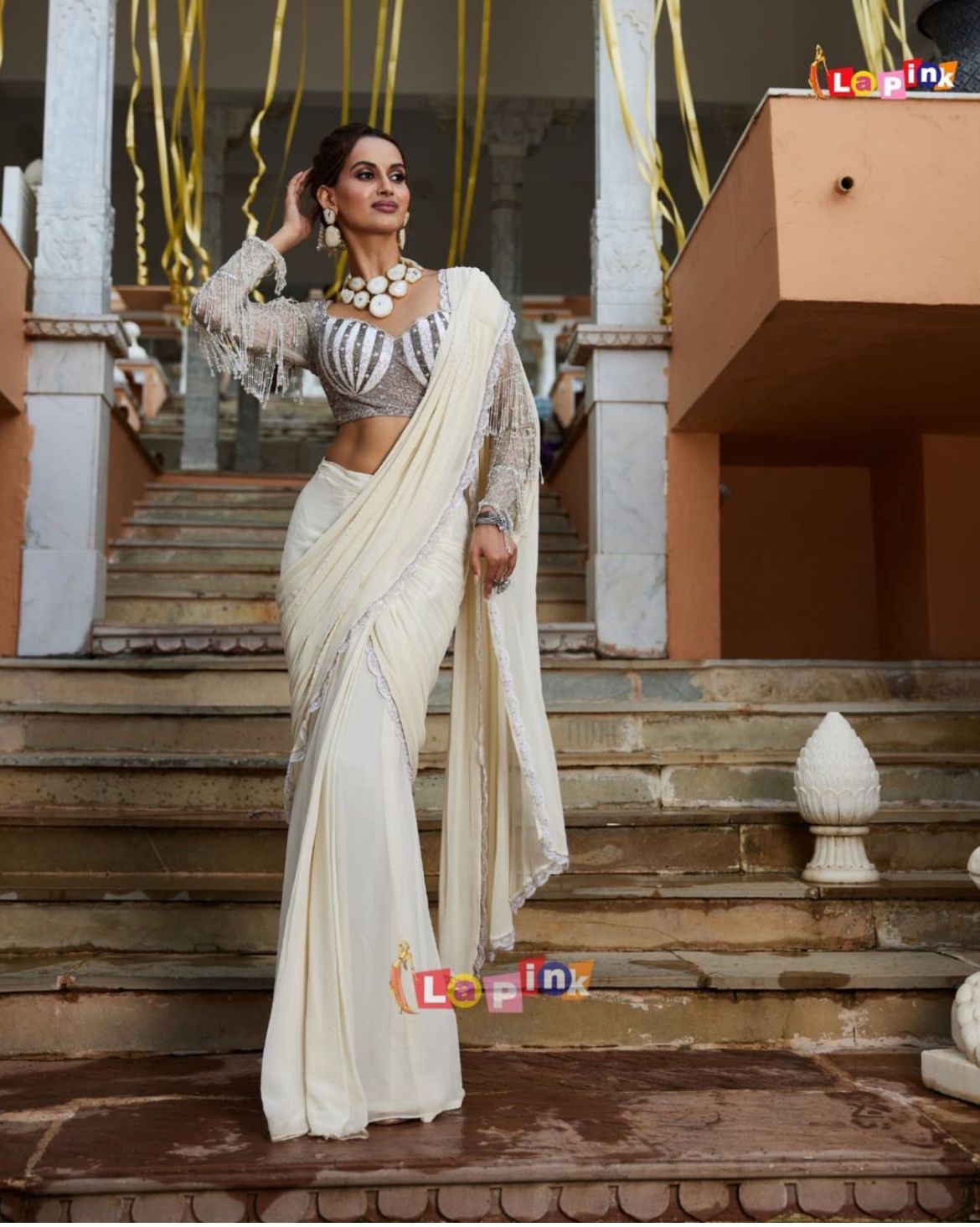 Elegant Cream Designer Saree with Embellished Lace and Sequin Work