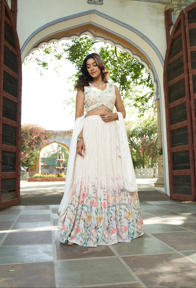White Crop Top Lehenga Set - Image 2