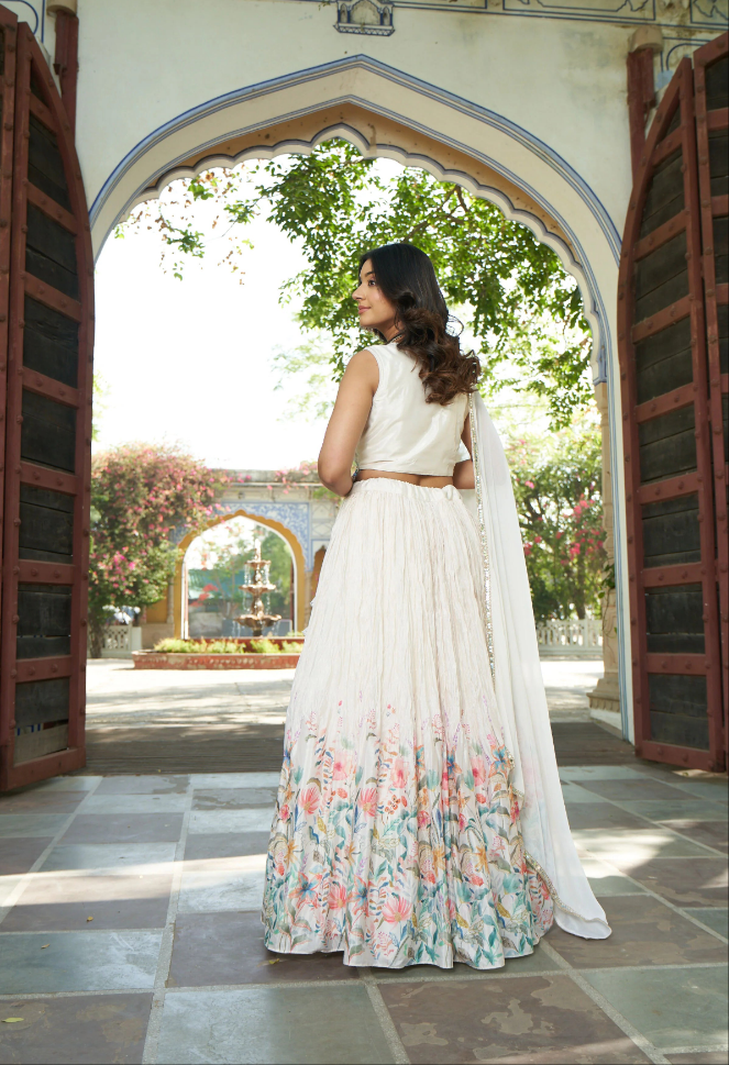 White Crop Top Lehenga Set - Image 4