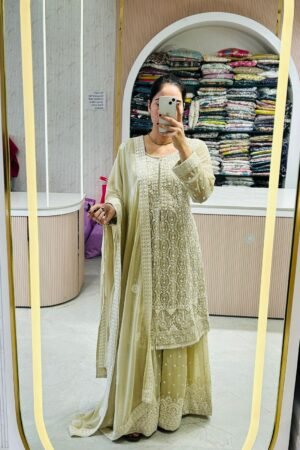 Classic Beige Embroidered Sharara Suit
