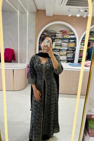 Black & Teal Embroidered Long Dress with Dupatta