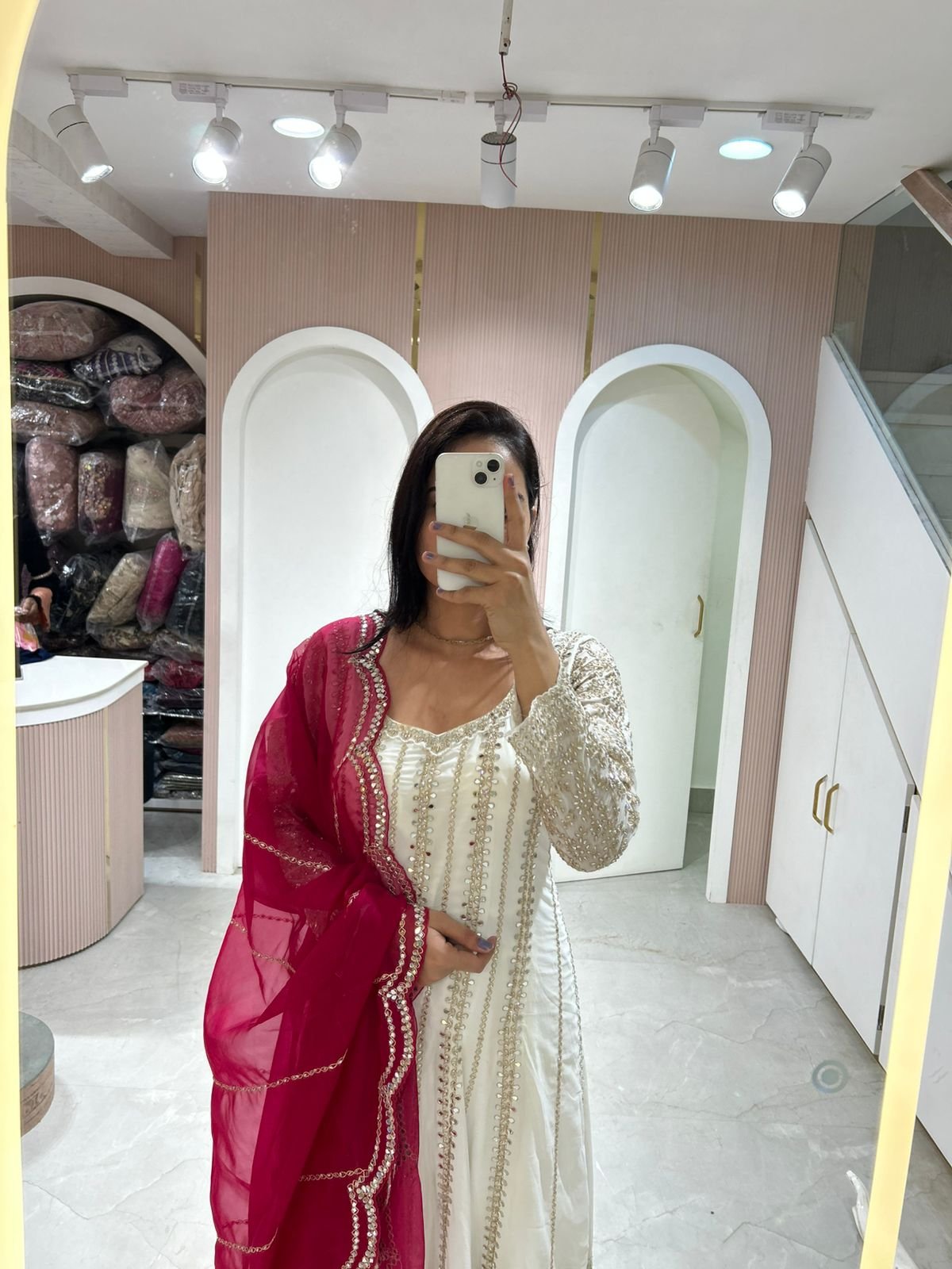 Ivory Embroidered Anarkali Suit with Maroon Dupatta - Image 2