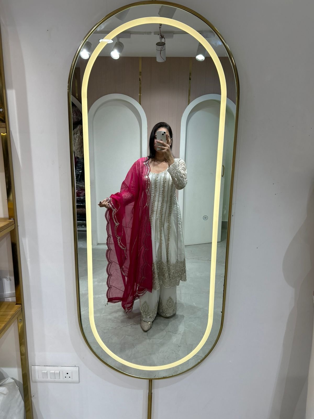 Ivory Embroidered Anarkali Suit with Maroon Dupatta - Image 3