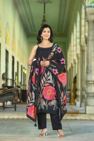 Black Floral Sleeveless Modern Muslin Set