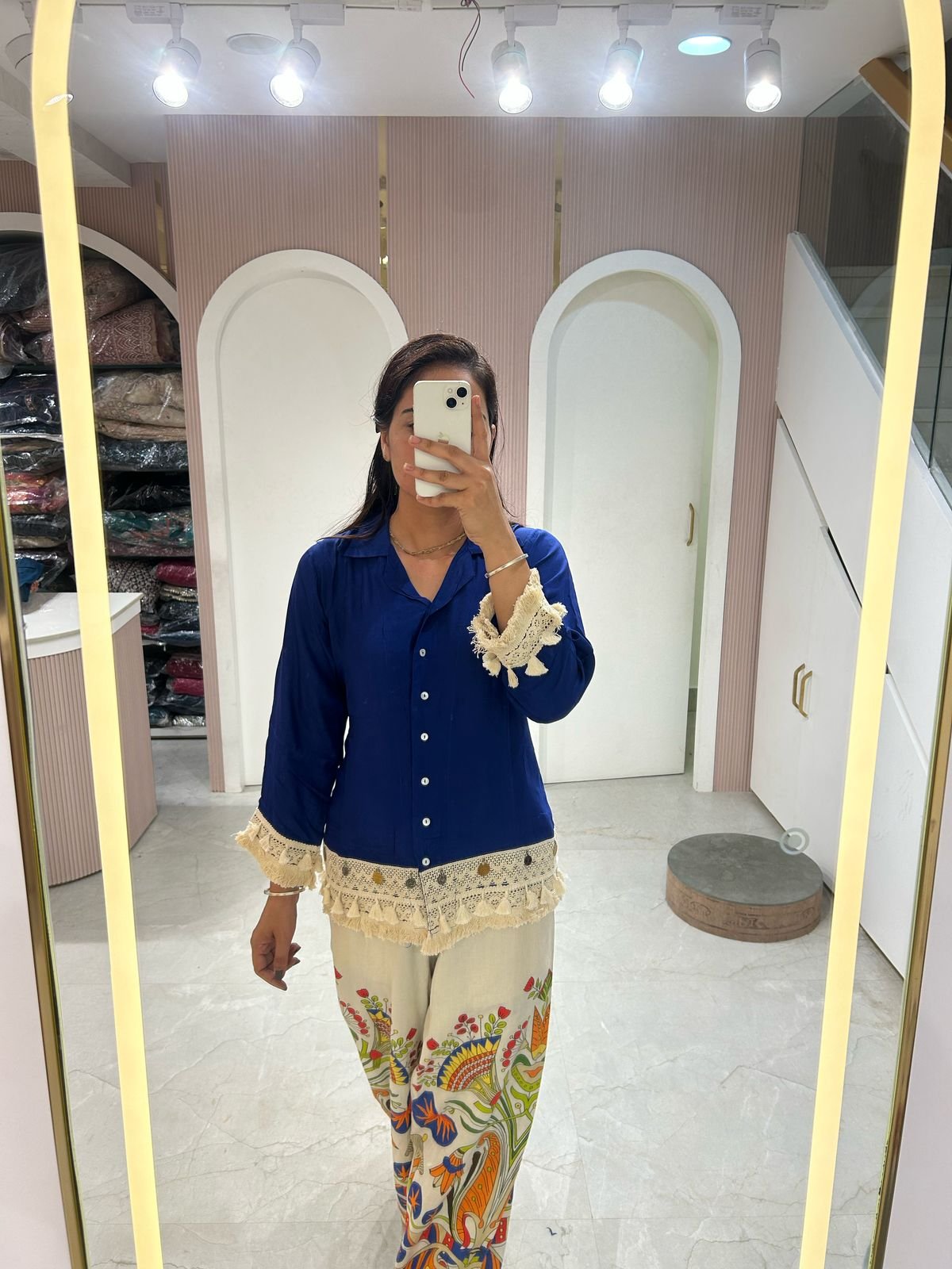 Printed Palazzo with Lace Trim Shirt Set