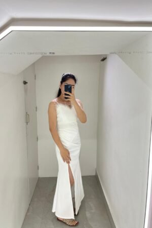 Feathered Elegance Slit Gown