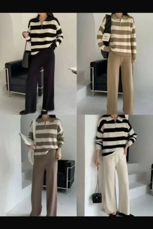 Chic Striped Knitwear and Wide-Leg Pants Coord Set